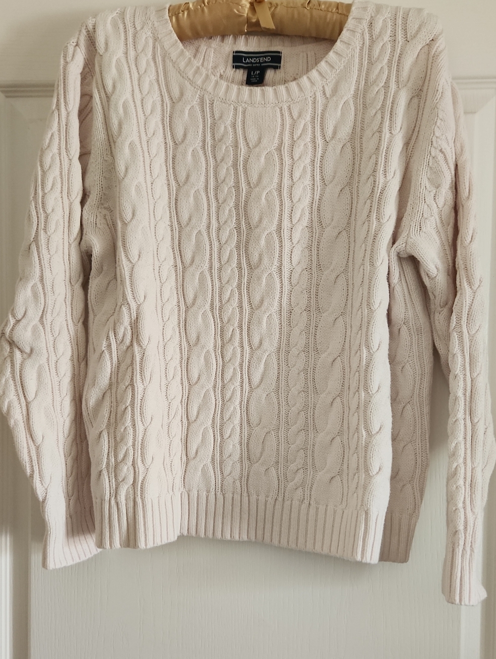Lands' End Cable-Knit Crewneck Sweater in Pale Cream